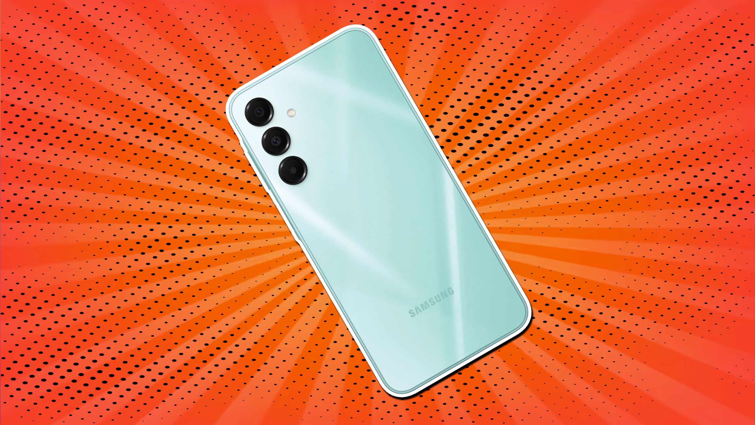Samsung Galaxy A16 5G se muestra con un fondo naranja vibrante