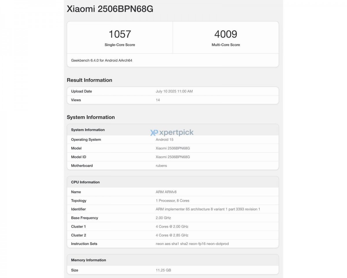 Xiaomi 15t Pro Nombre y número de modelo confirmado como se identificó en Geekbench