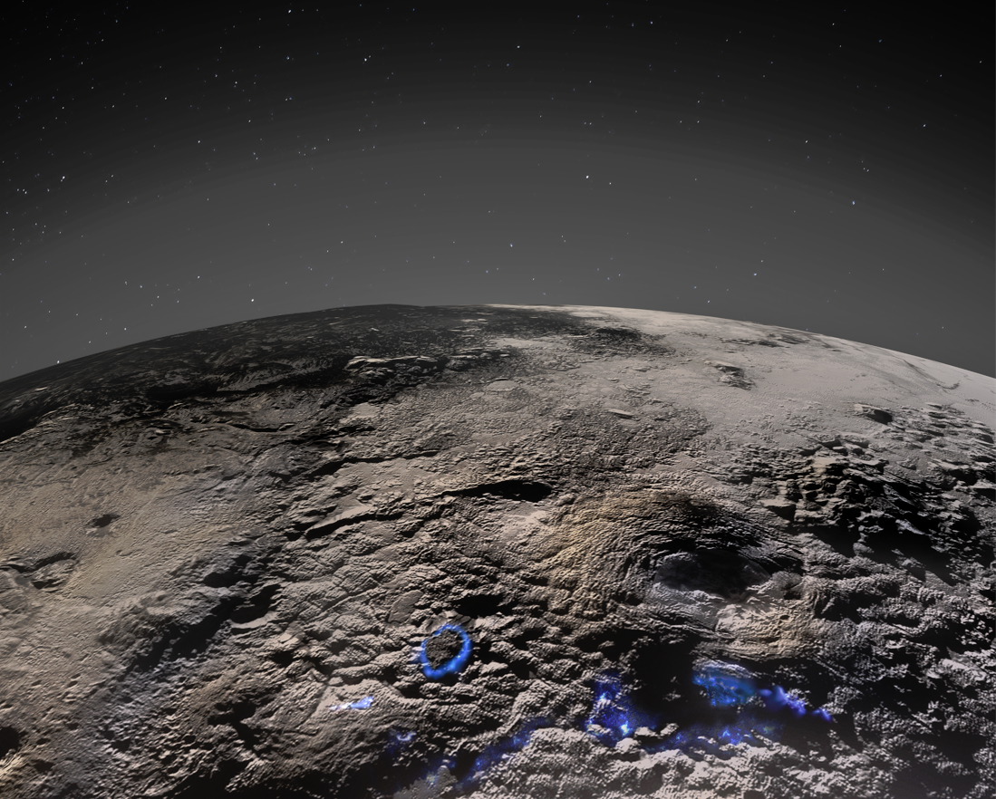 Los científicos de la misión de New Horizons han determinado que lo más probable es que la actividad criovolcánica haya creado estructuras únicas en Plutón aún no vistos por ninguna otra parte del sistema Sun. La cantidad de material requerido para crear las formaciones sugiere que su estructura interna ha mantenido el calor en cierto punto de su historia, permitiendo que los materiales ricos en agua acumulen y resurgan a la región a través de los procesos criovolcánicos. Los peligros superficiales y atmosféricos de Plutón se muestran aquí en la escala de Greeeys, con una interpretación artística de cómo los procesos volcánicos pasados pueden haber funcionado superpuestos en azul. NASA/Johns Hopkins University Apliced Física Laboratorio/Instituto de Investigación del Suroeste/Isaac Herrera/Kels Singer