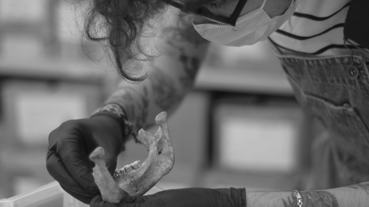 Imagen en blanco y negro de una persona que maneja cuidadosamente una mandíbula humana mientras él es descarado