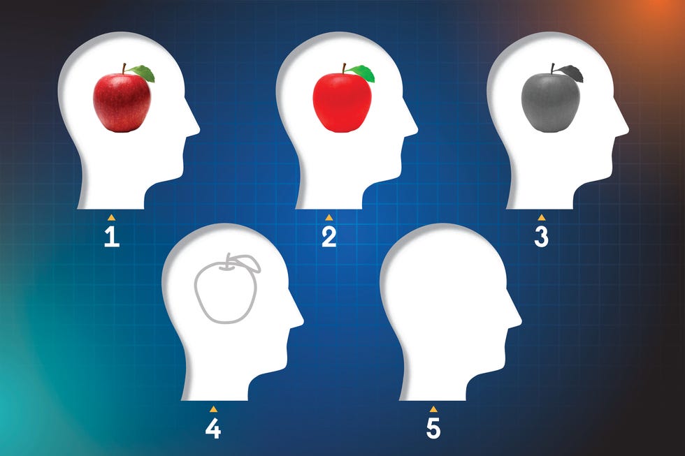 Imaginación-Hyperfanthesia-Fantasia Siluetas de cabezas con varios estilos visuales de una manzana dentro de cada uno