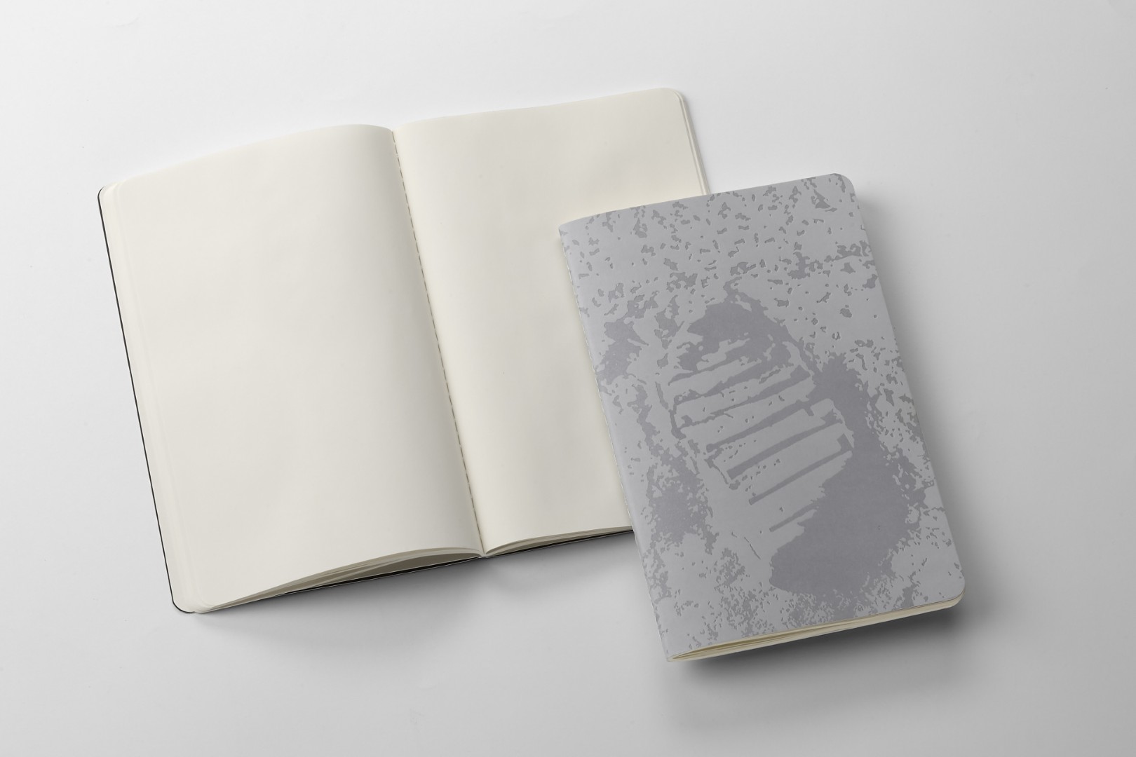Dos revistas Cahier en una edición limitada inspiradas en la NASA de Moleskine. Izquierda: Abra el diario con páginas vacías. A la derecha: imagen de imagen de escala de grises de Neil Armstrong en la cubierta del diario.