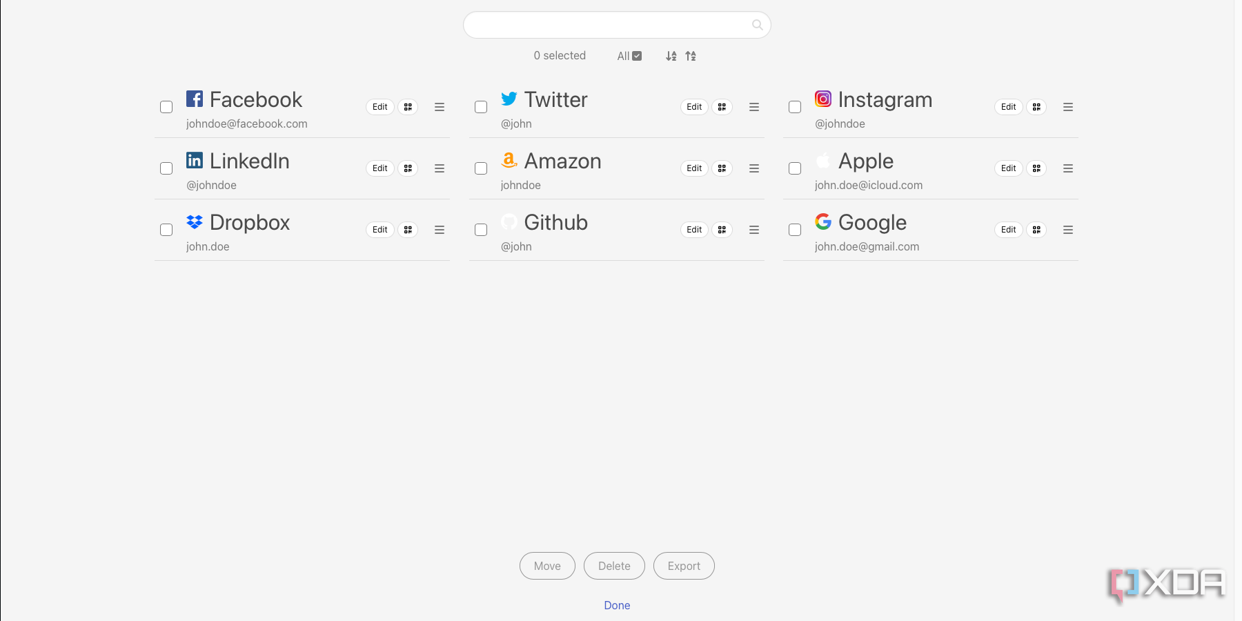 2fauth Visualización de la página de inicio de múltiples servicios, cada uno con su propio código de código 2FA.
