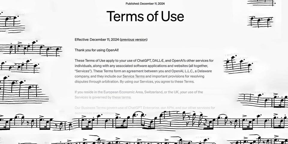 Un extracto de los términos de uso de OpenAi en blanco y negro, rodeado de notas musicales