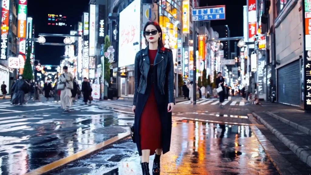 Una captura de pantalla de un vídeo de una mujer caminando en Tokio renderizado por Sora de Opens.