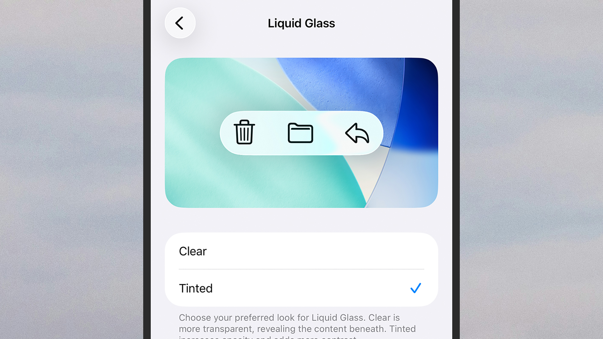 captura de pantalla de opciones de vidrio líquido en iPhone
