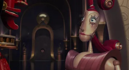 Escena animada que muestra dos robots humanoides conversando en una sala mecánica decorada.
