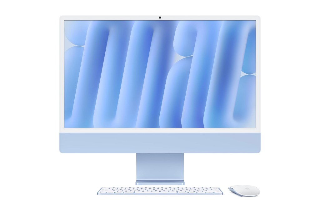 Un iMac azul claro con un teclado y un mouse mágicos de color azul claro.
