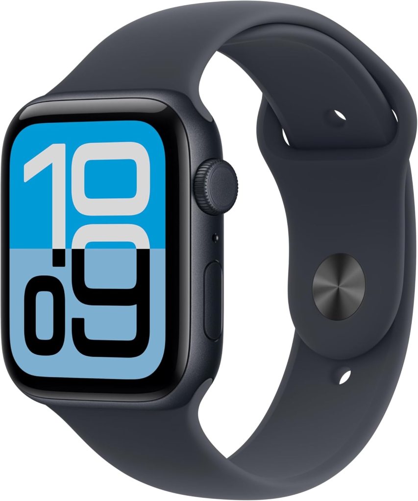 Apple Watch SE con correa deportiva azul oscuro que muestra las 10:09 en la pantalla.