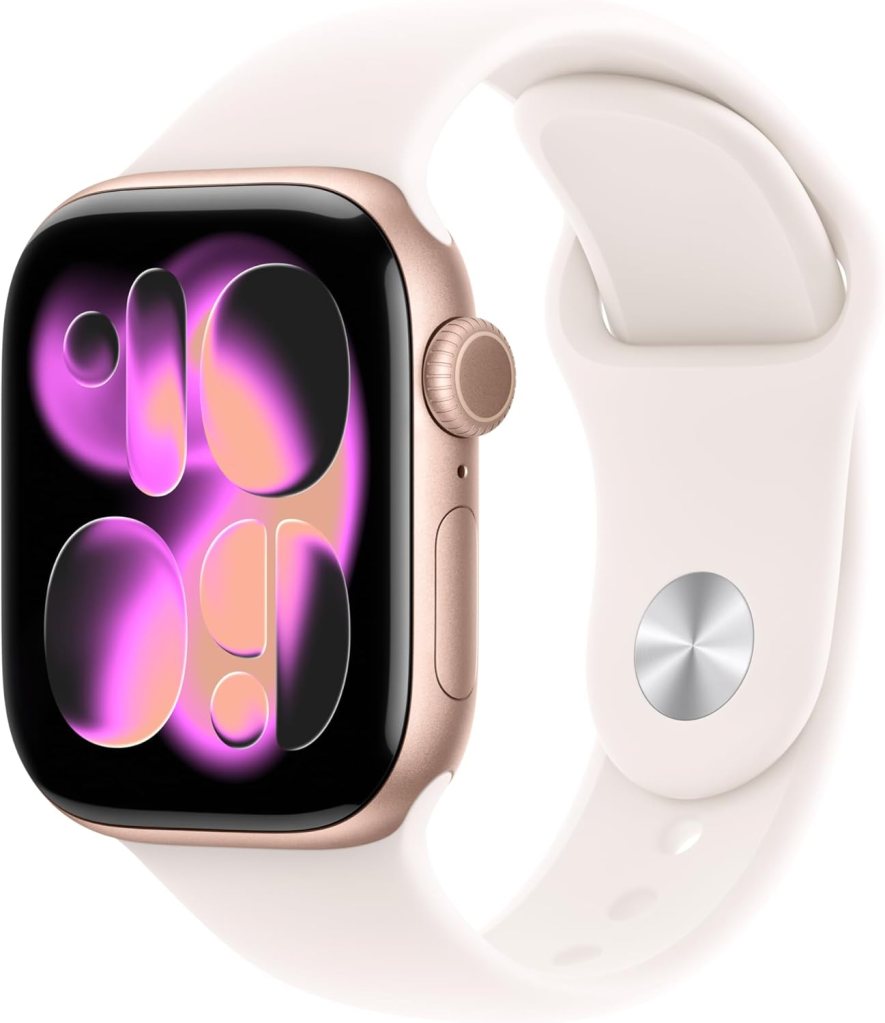 Apple Watch Series 11 en oro rosa con banda blanca.