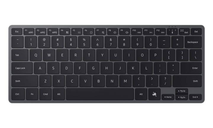 Teclado inteligente Samsung sobre fondo blanco.