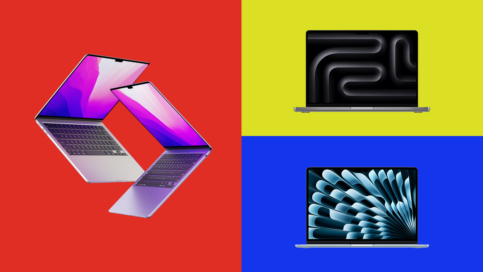 Una selección de MacBooks sobre un fondo tricolor.