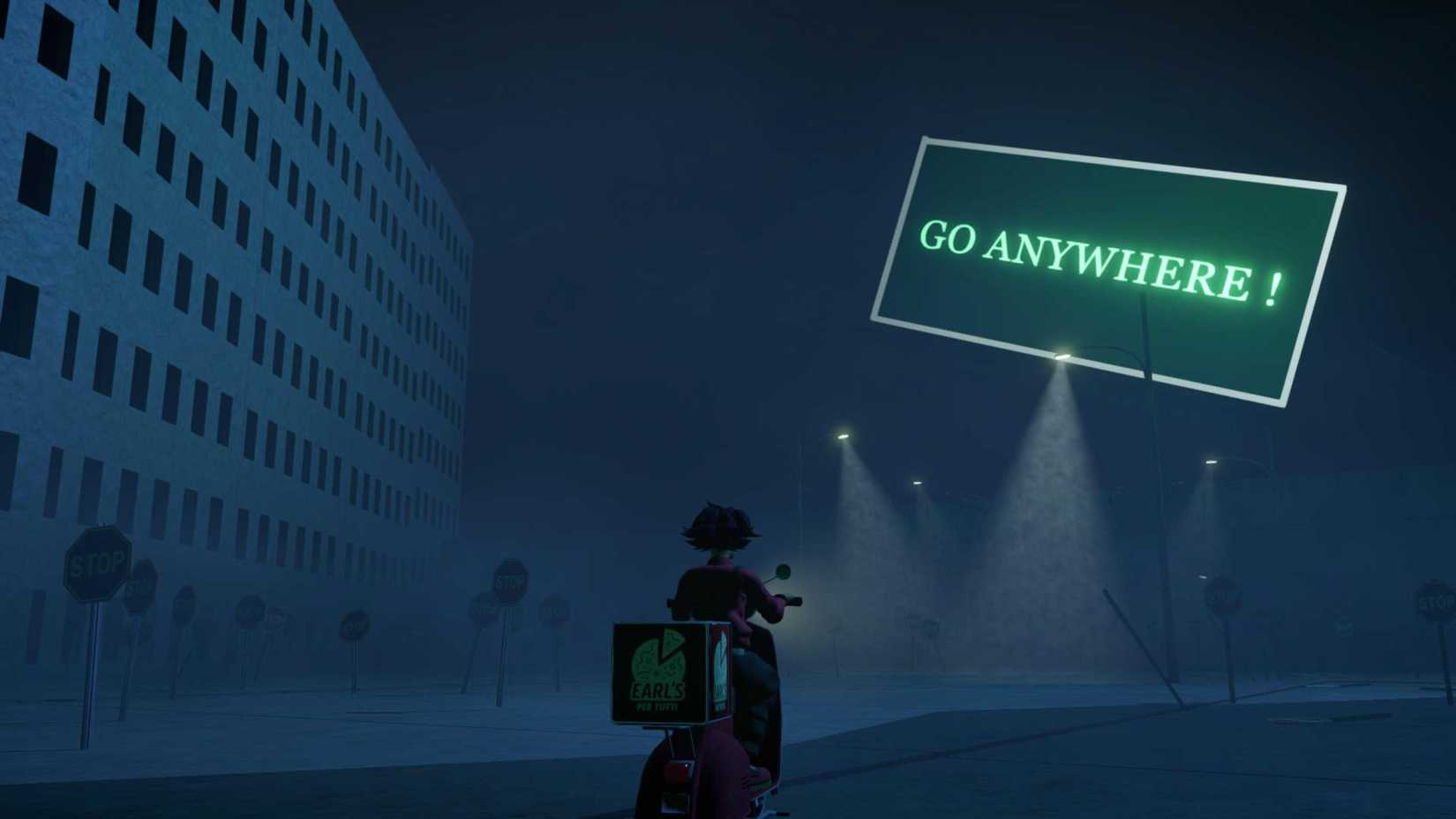 B conduciendo su scooter en medio de un mar de señales de alto yuxtapuestas a un cartel que dice 