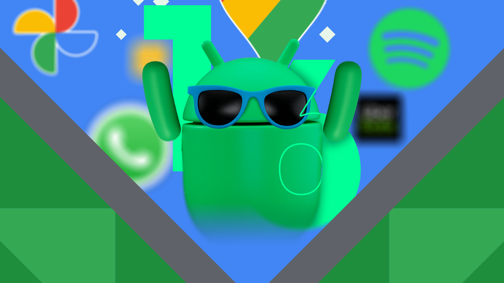 La mascota de Android 16 lleva gafas de sol azules con los brazos levantados, rodeada de iconos de aplicaciones.