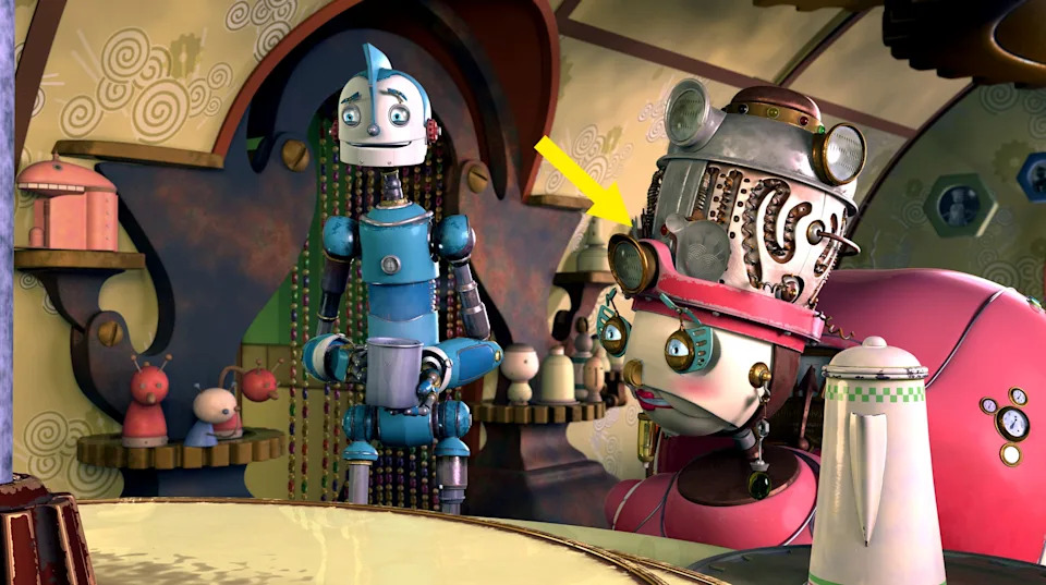 Robots animados reunidos en una cocina con decoraciones caprichosas
