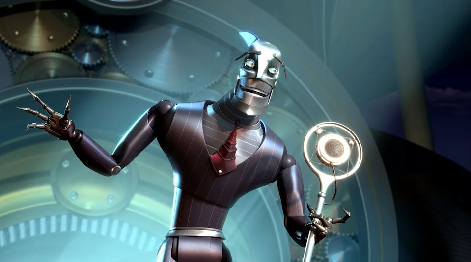 Personaje animado de robot metálico de pie con un palo, sobre el fondo de engranajes, de la película "Robot."