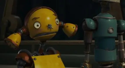 Dos robots animados conversan; uno parece sorprendido y el otro mira hacia un lado