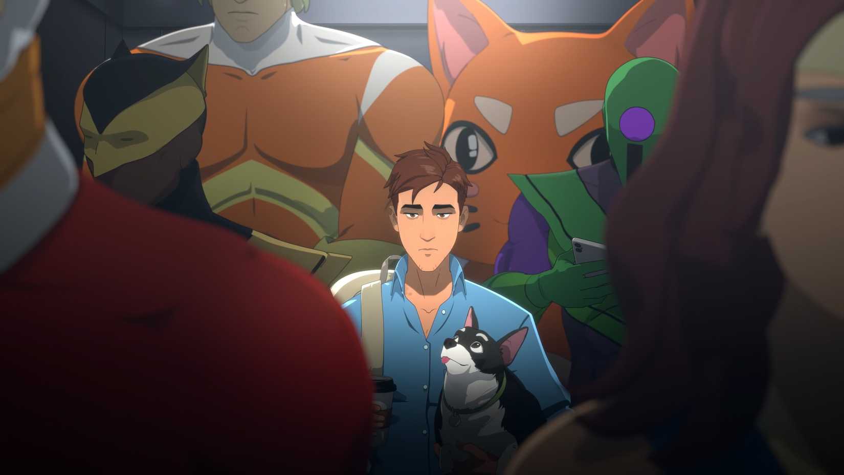 Robert Robertson en un ascensor lleno de gente en Dispatch