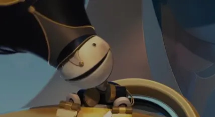 Un personaje animado con sombrero y uniforme se apoya en un escritorio y sonríe con un libro frente a él.