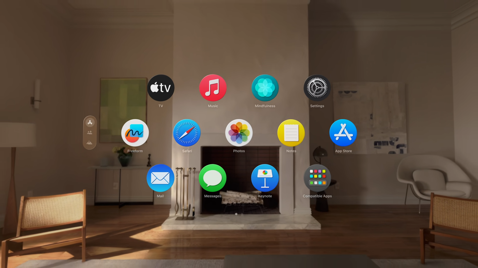 Aplicaciones de la pantalla de inicio de Vision Pro mostradas en la sala de estar