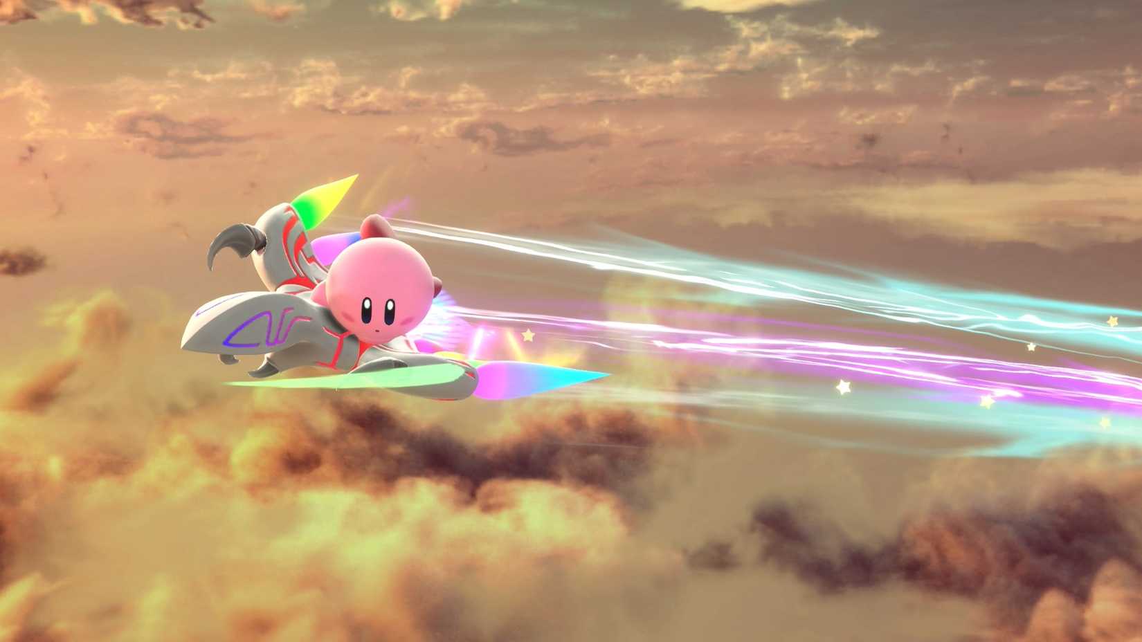 Kirby monta a Dragón sobre las nubes en Kirby Air Riders