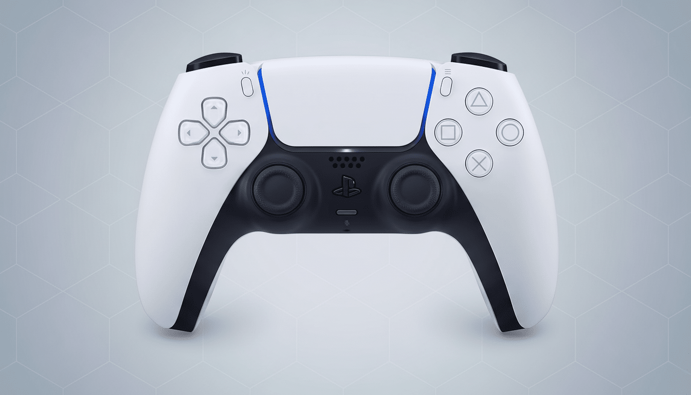 Un controlador PlayStation 5 DualSense en blanco y negro está centrado sobre un fondo gris claro con un patrón geométrico sutil.
