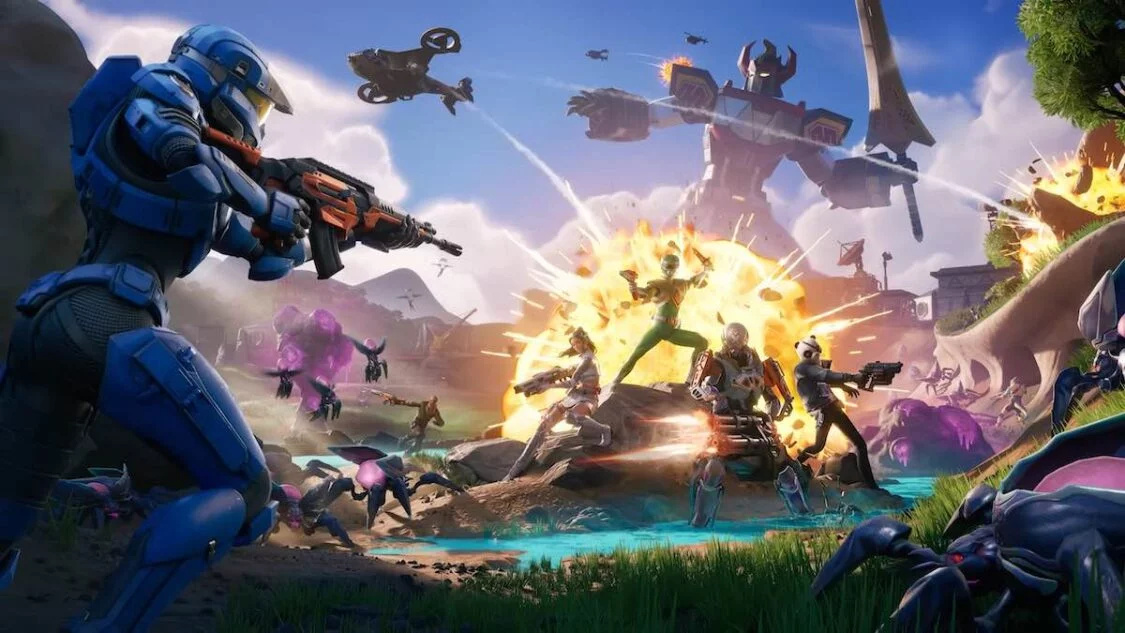 Arte clave de Fortnite Capítulo 6 Temporada 04, que representa un Spartan azul y una batalla en curso.