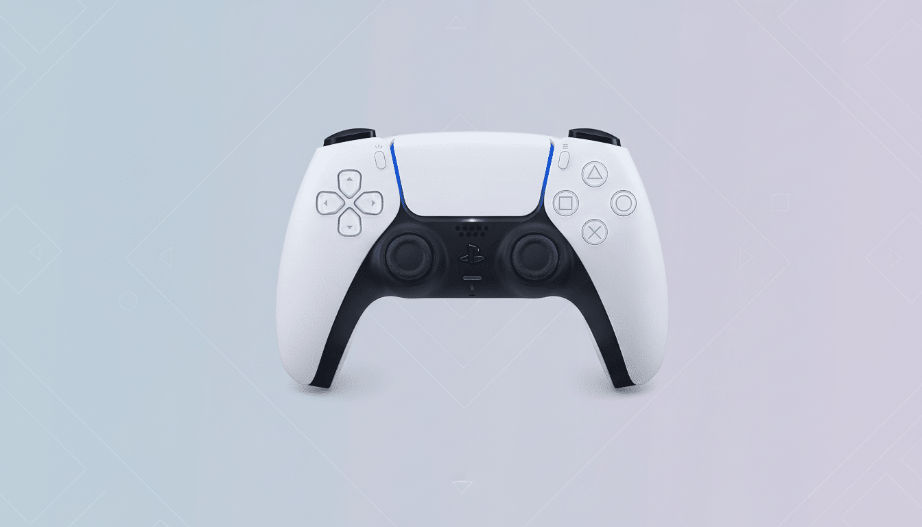 Un controlador PlayStation 5 DualSense blanco con detalles en negro, centrado en un fondo de diseño plano profesional con patrones geométricos suaves y sutiles y un degradado de luz.