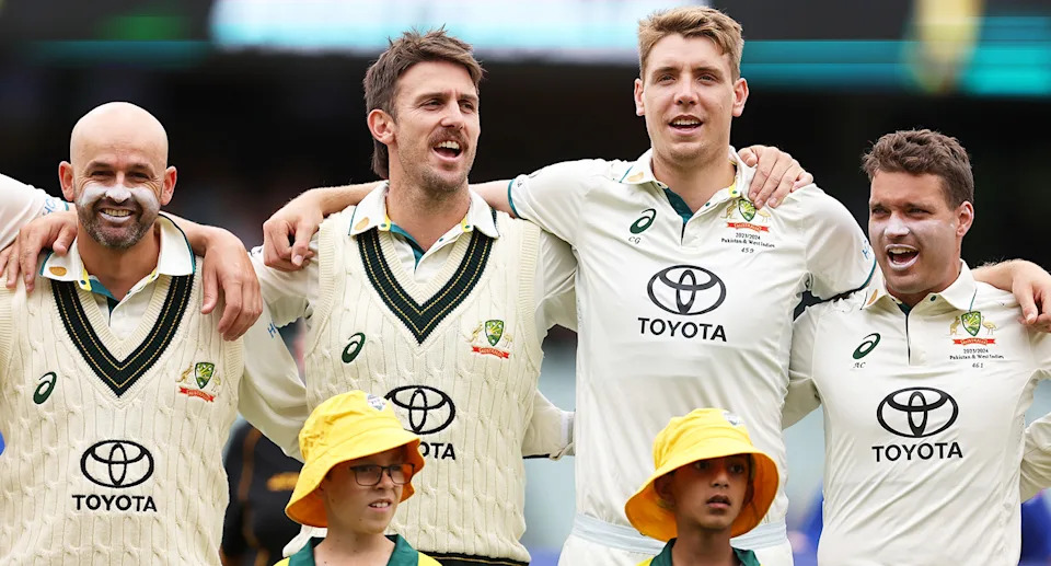 Nathan Lyon, Mitch Marsh, Cameron Green y Alex Carey, fotografiados aquí antes de un partido de prueba contra las Indias Occidentales en 2024.