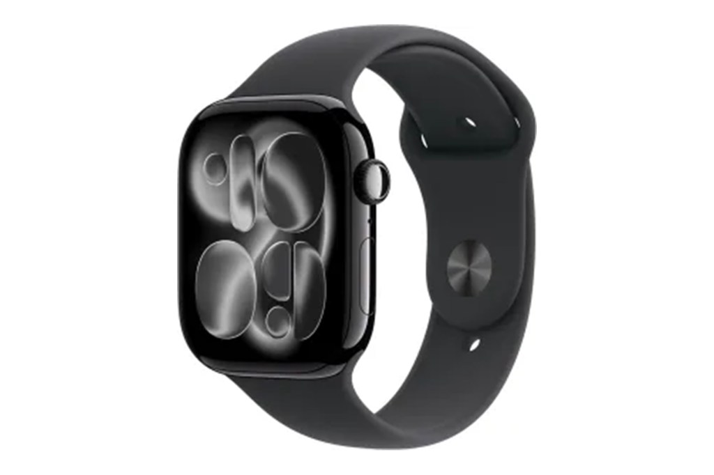 Un Apple Watch con correa negra y esfera negra.