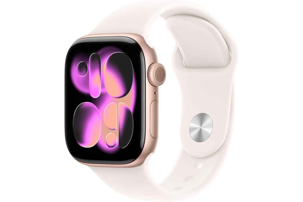 Un Apple Watch de oro rosa con una correa rosa y una esfera rosa neón y violeta.