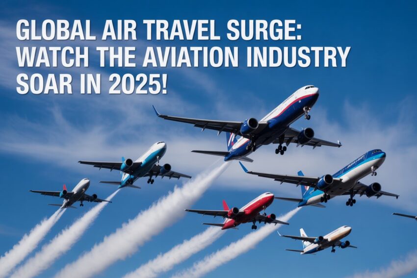 Una vista enérgica de aviones de varias aerolíneas despegando con superposiciones de texto: Una vista enérgica de aviones de varias aerolíneas despegando con superposiciones de texto: