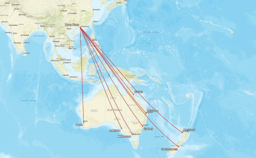 Mapa de rutas de Cathay Pacific Australia Nueva Zelanda