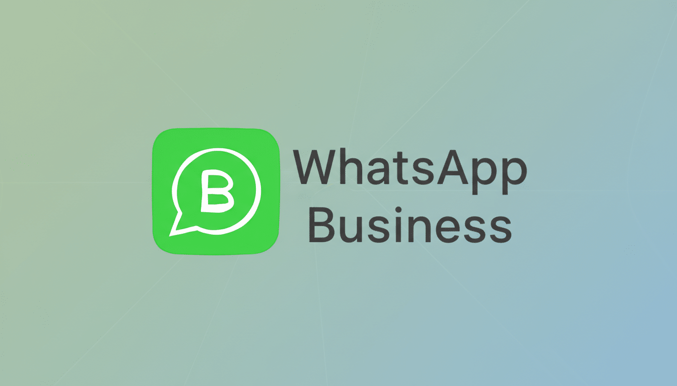 El logotipo y el texto de WhatsApp Business sobre un fondo de diseño plano profesional con patrones y degradados sutiles, escalados a una relación de aspecto de 16:9.