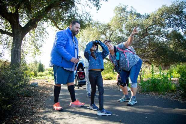 Tina Stoner, presidenta de Pomona Valley Bird Alliance, ayuda a Viviana Espinoza, de 7 años, y a su padre William, de 45 años, ambos de Alhambra, a buscar aves durante una caminata de aves, el domingo 1 de febrero de 2026, en el Jardín Botánico de California en Claremont. (Foto de Stan Lim, fotógrafo colaborador)