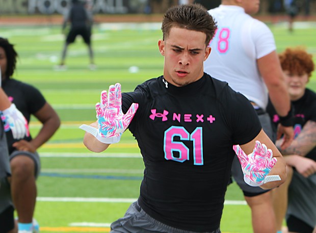 El ala defensiva de West Orange 2028, Mattheus Kaminski Cordeiro, en el evento Under Armour Camp Series en la escuela secundaria católica Bishop Moore, el domingo 22 de febrero de 2026. (Chris Hays/Orlando Sentinel)