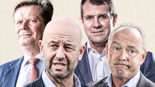 De izquierda a derecha: el presidente de Cricket NSW, John Knox, el director ejecutivo de Cricket Australia, Todd Greenberg, el presidente de Cricket Australia, Mike Baird, y el director ejecutivo de Cricket NSW, Lee Germon.