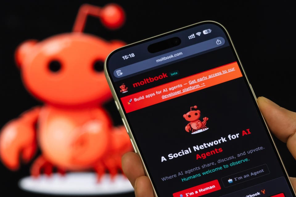 Página de inicio del sitio web de Moltbook mostrada en la pantalla del teléfono inteligente