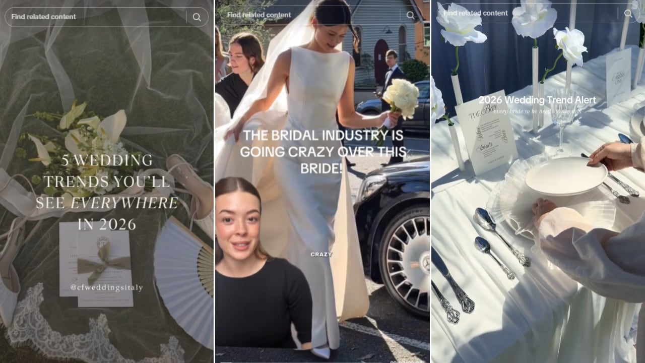 Un collage de tres paneles de ideas para bodas, captura de pantalla de TikTok.